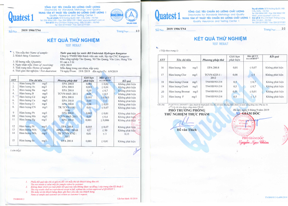chứng chỉ chất lượng nước đạt chuẩn